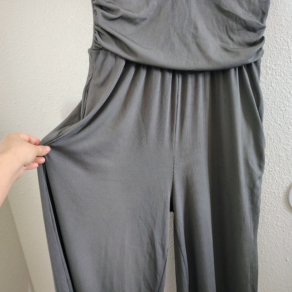 YOZY Gray Ribbed V Neck Wide Leg Jumpsuit Pockets XL Relax Style NWT - Picture 6 of 14